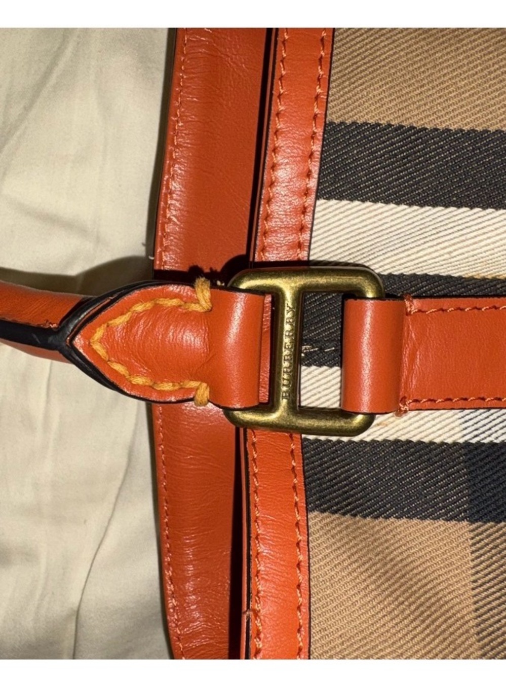 Burberry Nova Check Orange Leather Trim Canvas Tote Shoulder Bag Brass Hardware - Picture 8 of 13